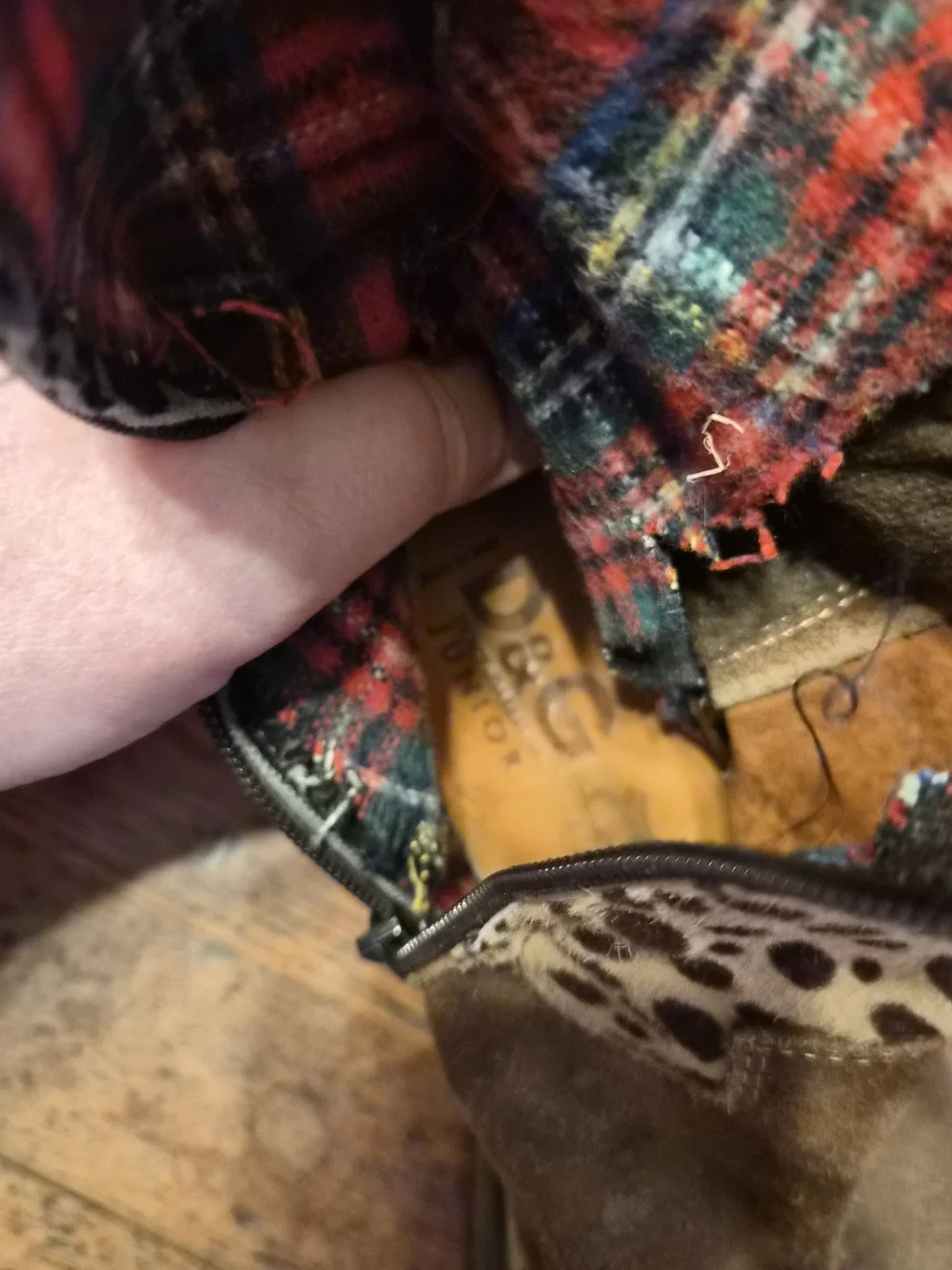 D&G Brown Suede Ankle Boots with Leopard-Print Lining and Plaid Detail